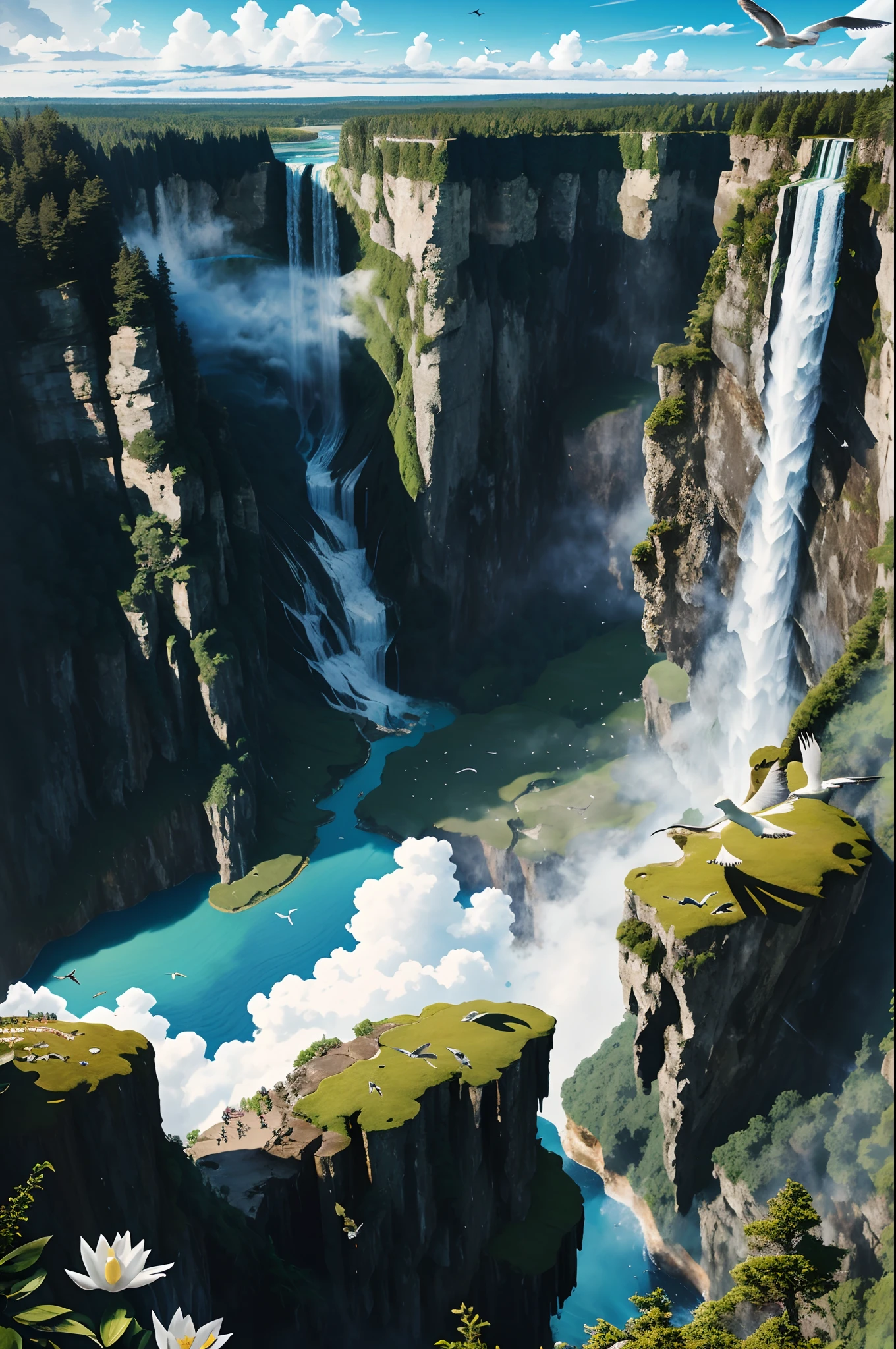 Flying on the cliff, above the very high waterfall, look down on the fluctuating pond, high sunlight, blue sky, white cloud, birds, forest, trees, 8K, masterpiece, best quality, high resolution, extremely full detailed