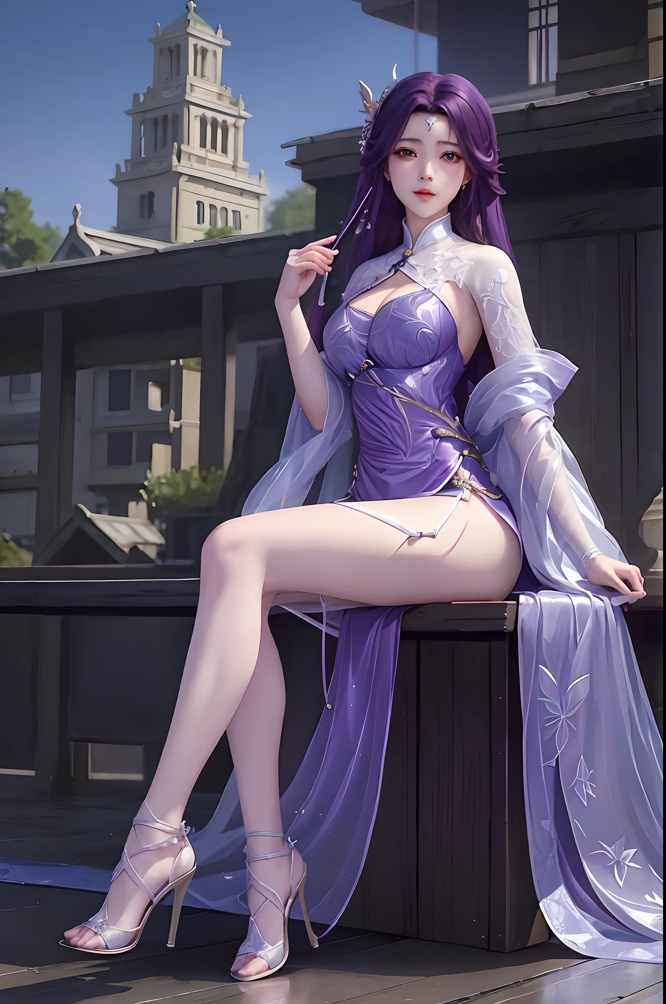 There was a woman dressed in purple and high heels, thick smooth warframe thighs, thick smooth warframe legs, Cybernetic legs, anime barbie in white stockings, Detailed legs, detailed legs towering over you, thick warframe legs, Inspired by Hajime Sorayama, High heels. anime style at pixiv, detailed legs looming over you, 🌺 CGSesociety