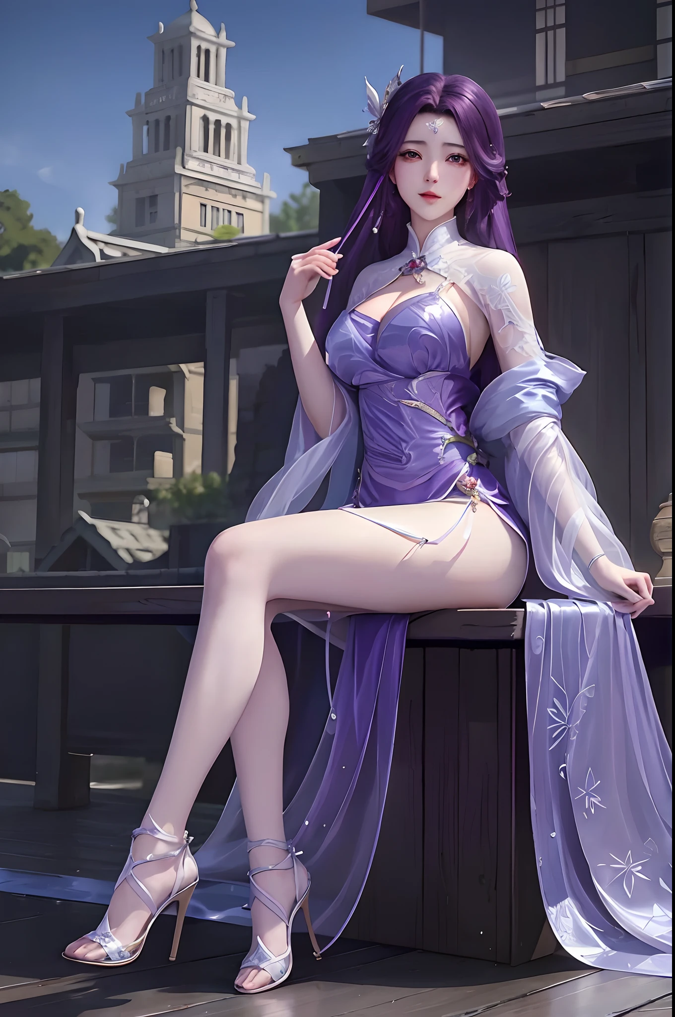 Anime girl in purple dress sitting on bench,(((huge tit))),The background is a castle, Extremely detailed Artgerm, trending on cgstation, beautiful and seductive anime woman, (((huge tit))),a beautiful fantasy empress, (((huge tit))),full-body xianxia, Anime goddess,(((huge tit))), ((a beautiful fantasy empress)), Smooth anime CG art, IG model | Art germ, ruan jia and artgerm
