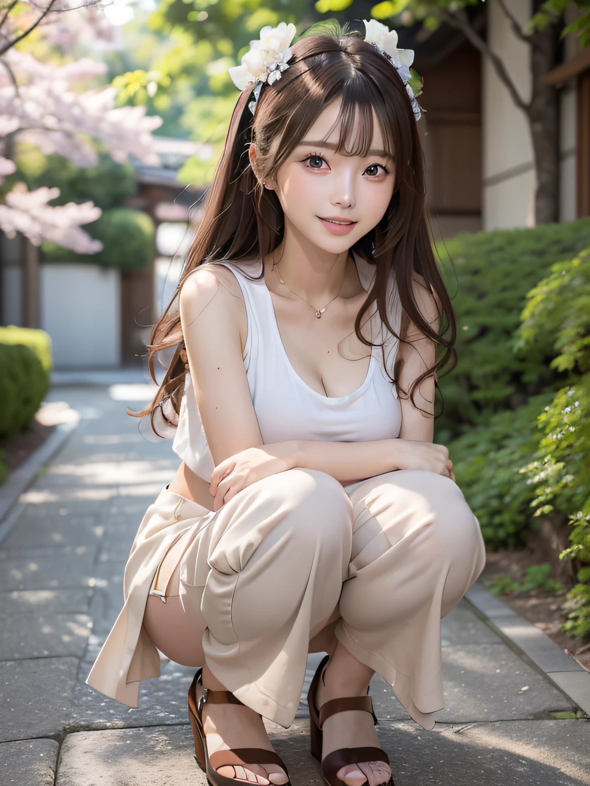 (of the highest quality、8K、Photorealsitic:1.4、Raw photography、超A high resolution:1.4、Top image quality: 1.4)、A hyper-realistic、high detailing、the golden ratio、Cinematic、foco nítido、(((1girl in、23years old、Height 1.7 m、delicated face、Detailed written face、Models with beautiful Japan、Brown-eyed、Ultra Realistic Faces 1:4、Perfect Style)))、Very charming、Dynamic angles、(Yuki's face)、Gorgeous long-haired、Beautiful wavy brown hair、((((Smaller chest:1.2))))、(((White cropped T-shirt:1.4、Navel is visible、under the boobs:1.2)))、(narrow waists:1.2)、Thin leg、Long leg、(Ultra-long wide pants with narrow pleats made of pink chiffon material)、((Pin Heel Sandals))、Naughty smile、View here、Squatting on your knees、(real looking skin)、Beautiful skins、enticing