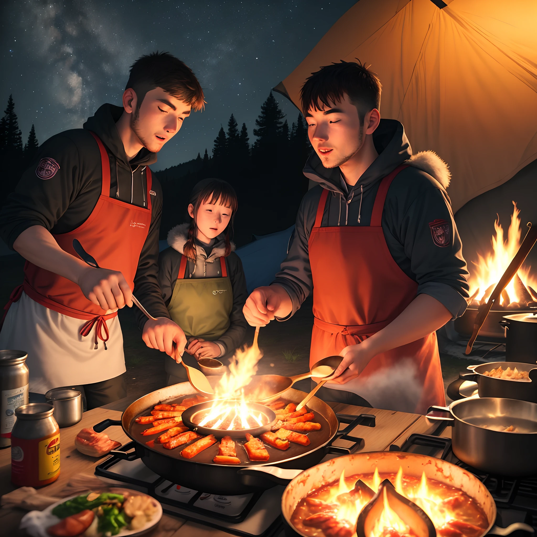 Cooking staek on camping at night