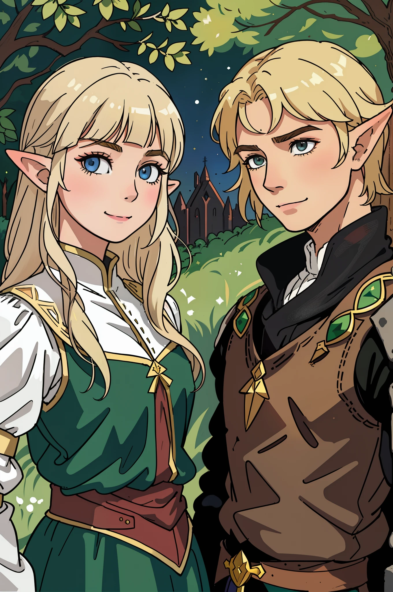 Elven man with blonde hair and elven woman with blonde hair in medieval dress posing for a photo, arte estilo flat, 2D, anime, zelda e link, side portrait of elven royalty, Darius Zawadzki e Tom Bagshaw, Tuomas Korpi e Wlop, Art not Guweiz style, retrato realista do renascimento, Cosplay realista, retrato de alta qualidade, Cosplay Completo, Loish e Wlop, garota sorrindo alegrementem sorriso bonito, (((detalhes das roupas, roupas melhor qualidade)))