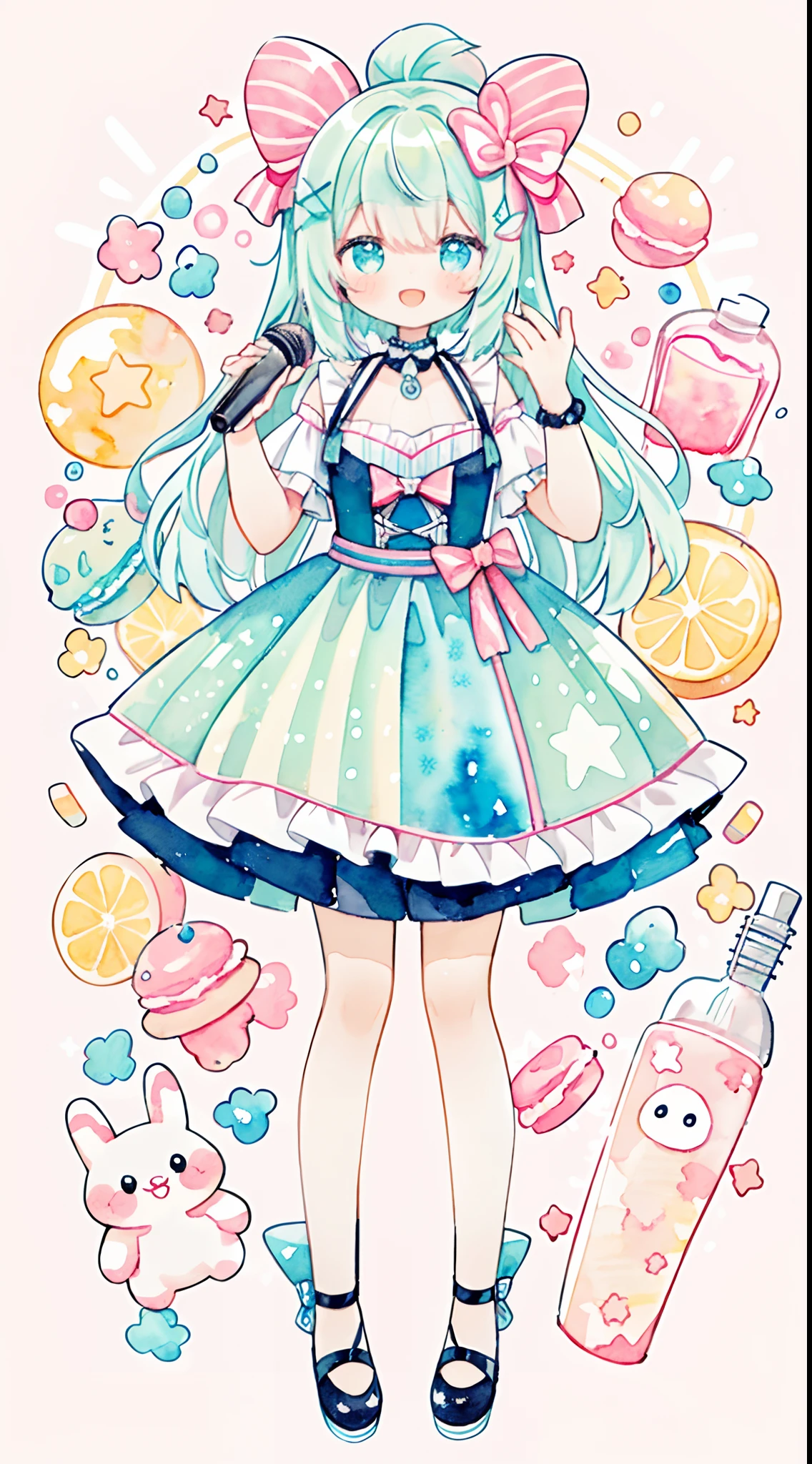 (Pastel Color: 1.5), (Cute Illustration: 1.5), (Watercolor: 1.2), pink background, girl, full body, smile, pale pink, moya, marble, colorful, soap bubbles, bubble, rainbow, invincible, idol, light particles, ichiban star, love, stuffed animal, macaron, microphone