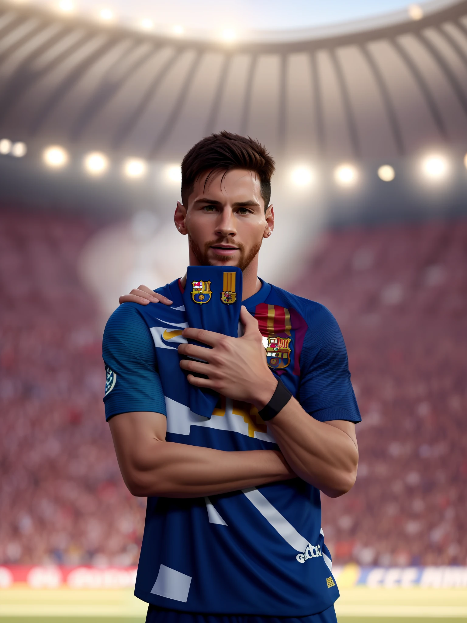Picture with messi and ronaldo, fc barcelona player, football stadium, muscular body, handsome boy