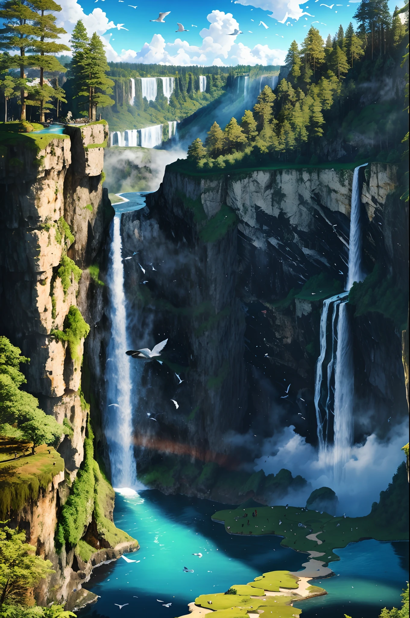 Flying on the cliff, above the very high waterfall, look down on the fluctuating pond, high sunlight, blue sky, white cloud, birds, forest, trees, 8K, masterpiece, best quality, high resolution, extremely full detailed