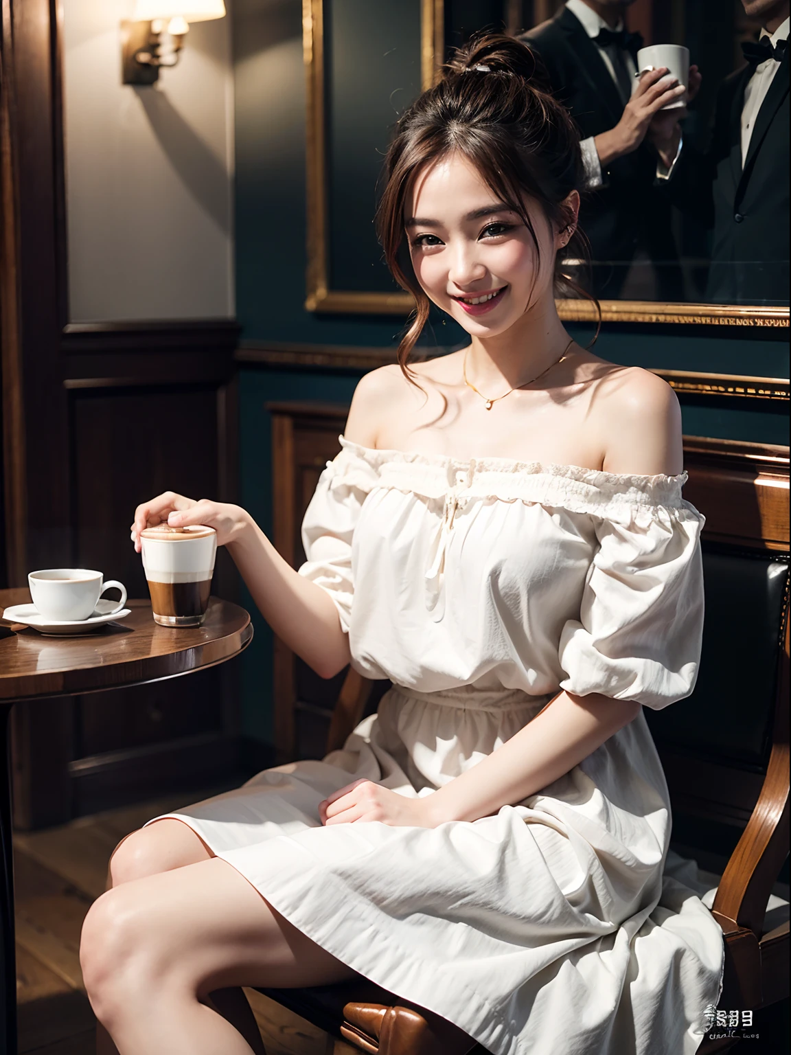 (((best quality))),(((ultra detailed))),(((masterpiece))),illustration,1girl,maid cafe,stunningly beautiful,slim,shoulder length straight bob hair,flowing black hair,deep captivating eyes,maid uniform,white apron,bare arms,slender legs,pantyhose,graceful movements,confident charm,warm genuine smile,France cafe,sliding paper doors,delicious coffee pastries,warm inviting atmosphere,joyful eyes,Coffee Machine,upper body