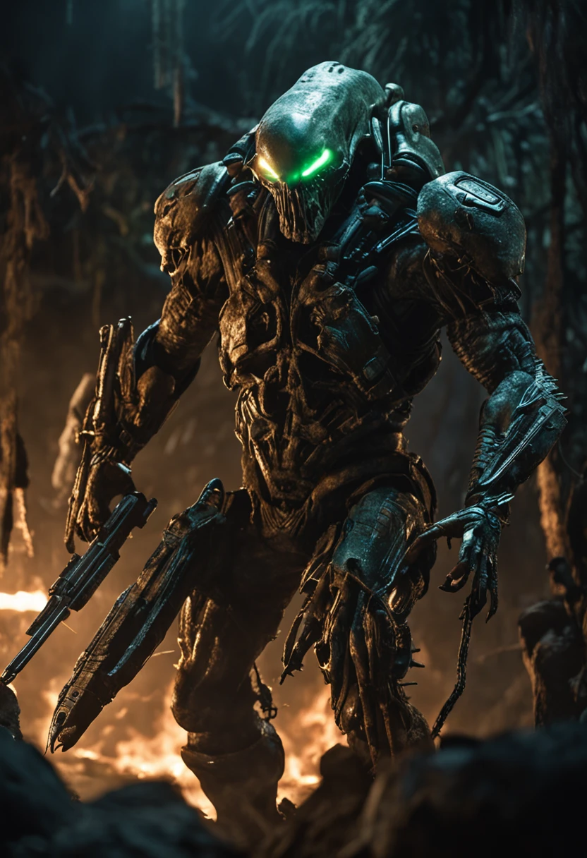 Create a realistic image that captures the epic confrontation between a fierce predator from the iconic film series "predador" and a group of deadly Aliens from the franchise "Extraterrestres". The scene takes place in a dark and enigmatic environment, probably inside an old abandoned structure or in the middle of a dense alien jungle. O predador, wearing his characteristic technological armor and carrying his distinctive weapons, is in a combat position, demonstrating his ruthless attitude. His textured skin and hunting trophies hanging from his clothes highlight his predatory nature.
Do outro lado, the Aliens emerge from the shadows, Its dark and biomechanical forms contrast with the environment. Their mortal jaws are open, revealing his creepy inner features. Their sinuous and sharp tails are ready to attack, while his menacing claws glow in the dim light. The tension and energy are palpable in the air, as both sides prepare for an epic showdown that will decide who is the true predator of this world.
Dramatic lighting enhances the details of the creatures and the scenery, criando um clima intenso e cheio de suspense. Cores sombrias e tons de verde contribuem para a atmosfera sinistra e desconhecida do ambiente. The scene conveys the feeling that imminent danger is lurking, as the predator and the Aliens face off in a battle that will define the fate of this dark and twisted world.