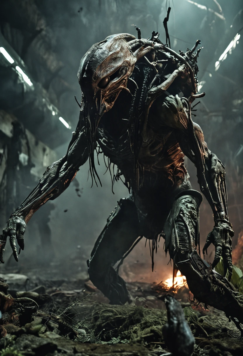 Create a realistic image that captures the epic confrontation between a fierce predator from the iconic film series "predador" and a group of deadly Aliens from the franchise "Extraterrestres". The scene takes place in a dark and enigmatic environment, probably inside an old abandoned structure or in the middle of a dense alien jungle. O predador, wearing his characteristic technological armor and carrying his distinctive weapons, is in a combat position, demonstrating his ruthless attitude. His textured skin and hunting trophies hanging from his clothes highlight his predatory nature.

Do outro lado, the Aliens emerge from the shadows, Its dark and biomechanical forms contrast with the environment. Their mortal jaws are open, revealing his creepy inner features. Their sinuous and sharp tails are ready to attack, while his menacing claws glow in the dim light. The tension and energy are palpable in the air, as both sides prepare for an epic showdown that will decide who is the true predator of this world.

Dramatic lighting enhances the details of the creatures and the scenery, criando um clima intenso e cheio de suspense. Cores sombrias e tons de verde contribuem para a atmosfera sinistra e desconhecida do ambiente. The scene conveys the feeling that imminent danger is lurking, as the predator and the Aliens face off in a battle that will define the fate of this dark and twisted world.