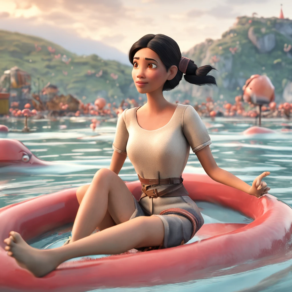 qualidade de imagem do filme,Disney Animation,style of disney animation,Disney film animation,Filmes 3D,China-style,Girl sitting in giant koi flying in the sky,nuvens espessas,Short hair and small braids,Denim suspenders,Bare feet,profundidade de campos,Luz alta,luz real,Traching de raias,oc renderizado,hyper-realistic,melhor qualidade,8k,Obras de mestres,super-fino,pelos pubianos detalhados,anatomia correta,sharp focus on eyes,Bokeh,Facial features are carefully described