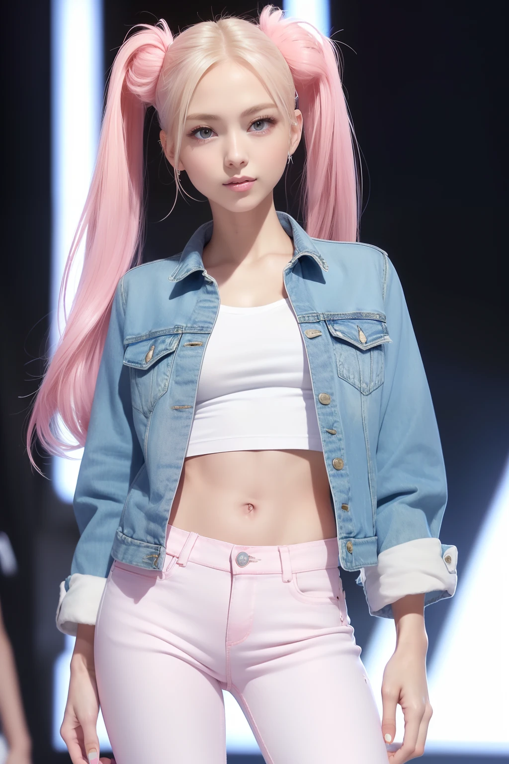 top-quality, 超A high resolution, (Photorealsitic:1.4), (1 persons), ((Pink short jacket)), ((whiteshirt)), (((Super Low Rise Blue Denim Slim Pants))), (shiny blonde twin tails), (Ideal female body type), (A slender), model shot, Live Stage,