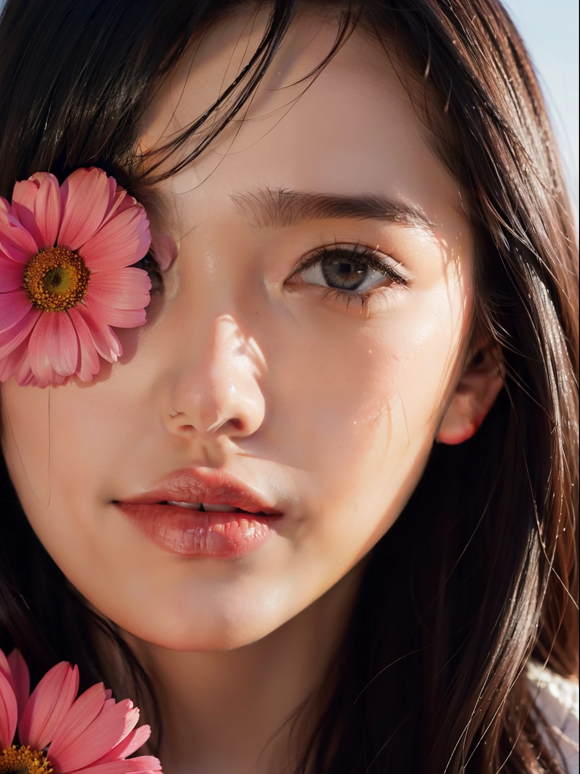 Girls are positive,facial closeups,Flowers block the entire face,Flowers are attached to the face,Only one eye is exposed