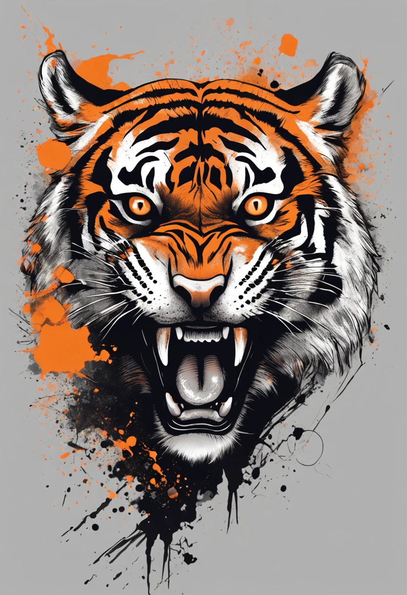 Black and gray realistic tattoo art of tiger with (((orange eyes))) with ink splatter sketch effect ,he is with open mouth looking very fierce and angry