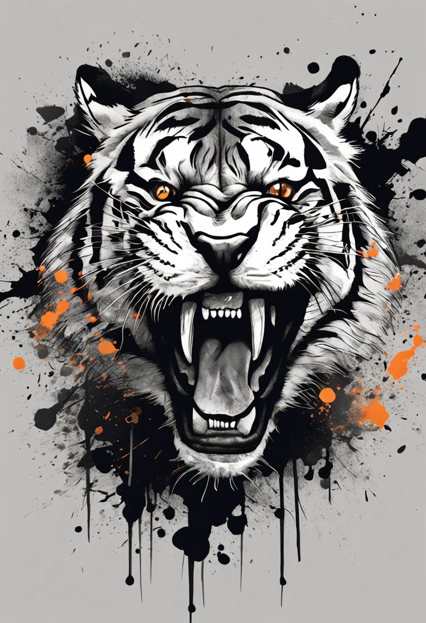 Black and gray realistic tattoo art of tiger with (((orange eyes))) with ink splatter sketch effect ,he is with open mouth looking very fierce and angry