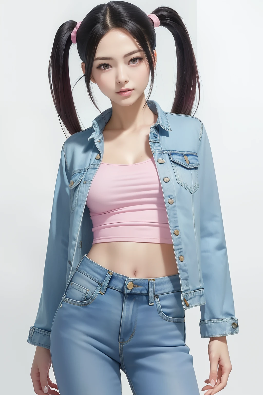 top-quality, 超A high resolution, (Photorealsitic:1.4), (1 persons), ((Pink short jacket)), ((whiteshirt)), (((Super Low Rise Blue Denim Slim Pants))), (twin tails with shiny black hair), (Ideal female body type), (A slender), model shot,