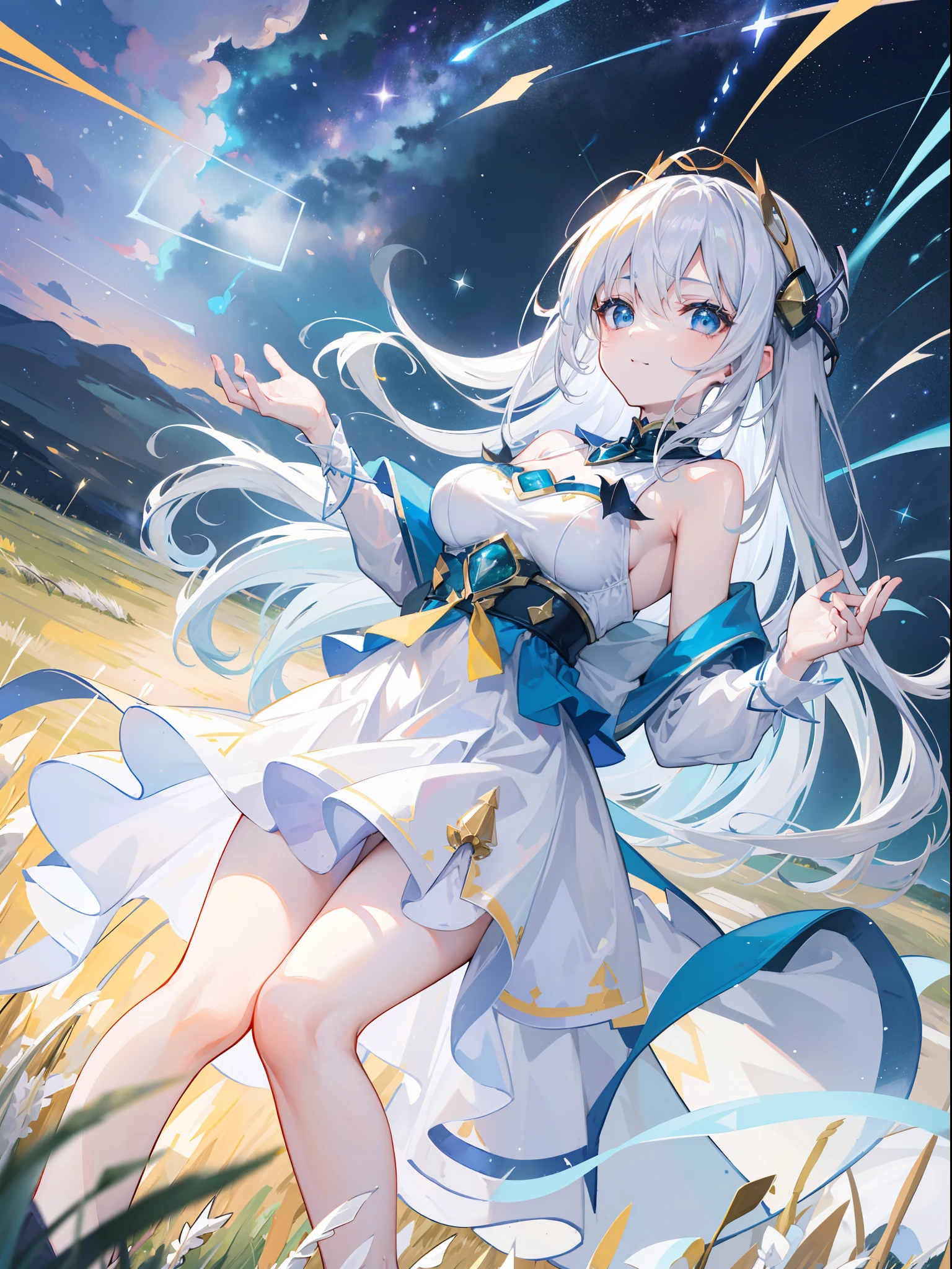 Dark Magician Girl、MKSKS style、1 person、Break HA、(highly detailed back ground:1.0)、(highly detailed back ground:1.0)、masterpiece、top-quality、超A high resolution、in 8K、Clear focus、(lying on one's side:1.2、Looking up at the sky)、BREAK、(1/There are two types of yellow.、Yellow Type 1/2 Silver Hair)、BREAK、(1/2 white and 1/2 silver long dresses:1.2)、Detailed skin、glowy skin、bare-legged、A detailed eye、Blue eyes、Burning cheeks、Wearing makeup、A smile、Don't look at the camera、Large breasts、Break HA、(milkyway:1.7、shooting stars:1.5)、Break HA、(grass field:1.8)