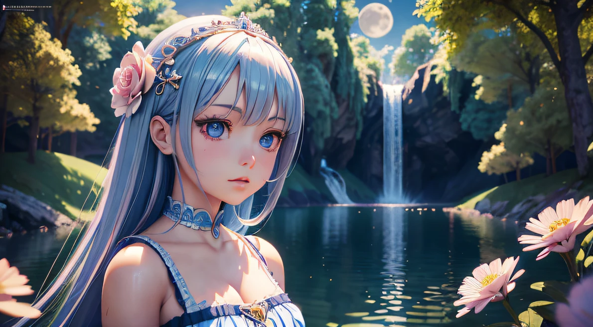 Anime girl with long white hair and full moon background, 2. 5 D CGI anime fantasy artwork, Anime style. 8K, style of anime4 K, Realistic anime 3 D style, anime styled 3d, Smooth anime CG art, Guviz-style artwork, anime styled digital art, Anime fantasy illustration, anime in fantasy style