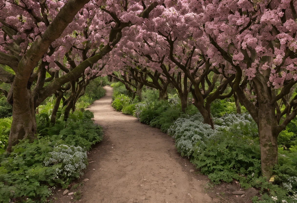 Foto RAW, Melhor, master part, melhor qualidade, alta qualidade, extremamente detalhado, There is an image of a path through a flowery forest, A blossoming path to heaven, Uma fotografia de um jardim encantado exuberante, um exterior sonhador e borrado , Um belo caminho em uma floresta, leafy trees and colorful flowers, Jardim Secreto, fundo de profundidade de campo, ambiente floral, fundo do jardim, simple way romantic path, arches made of lush vegetation, caminho para uma floresta exuberante, fantasia de fundo da floresta, ::n_baixa qualidade, Imperfection, texto, assinatura, boneco, desenho, anime