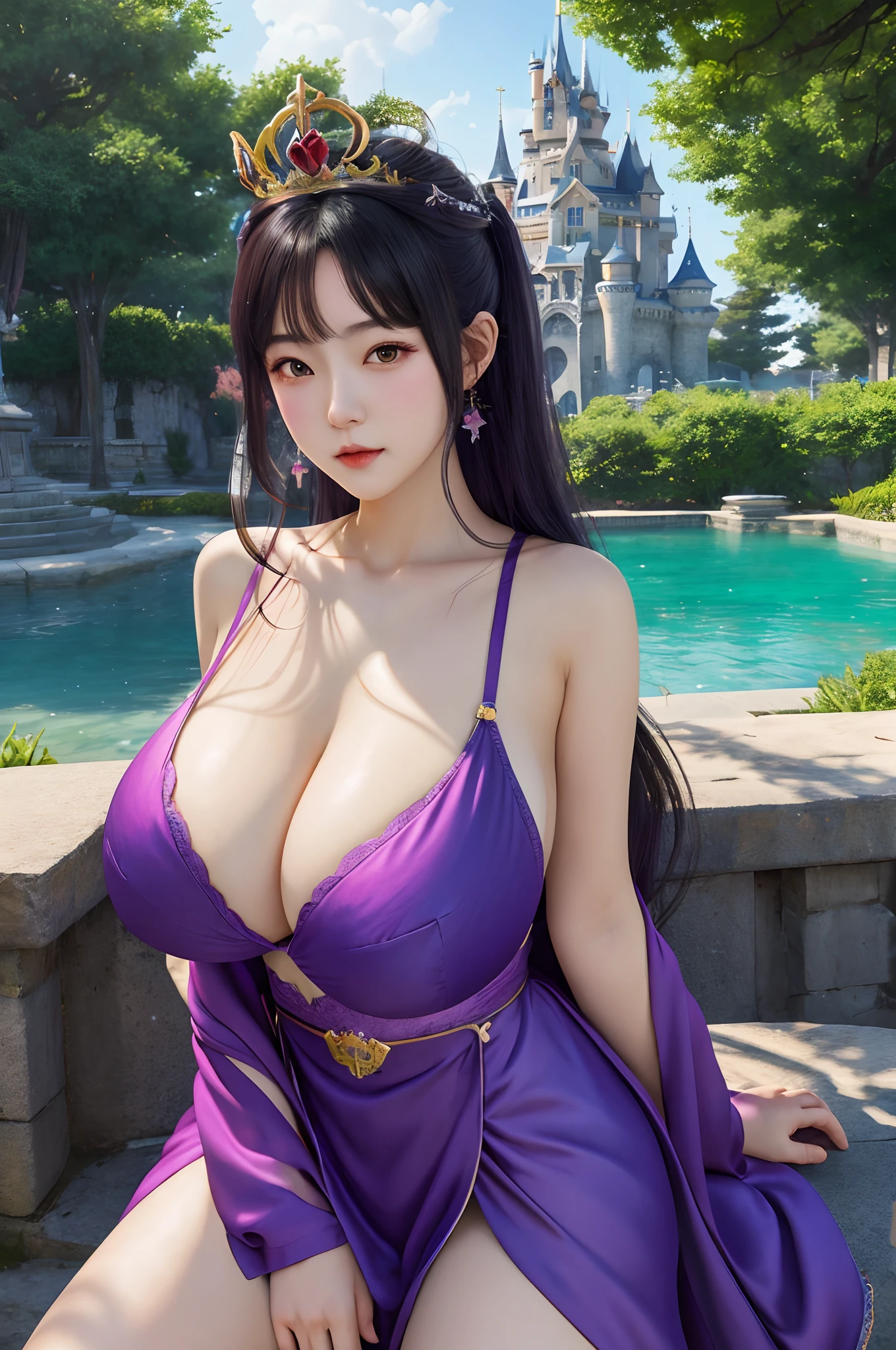 Anime girl in purple dress sitting on bench,(((huge tit))),The background is a castle, Extremely detailed Artgerm, trending on cgstation, beautiful and seductive anime woman, (((huge tit))),a beautiful fantasy empress, (((huge tit))),full-body xianxia, Anime goddess,(((huge tit))), ((a beautiful fantasy empress)), Smooth anime CG art, IG model | Art germ, Ruan Jia and Artgerm
