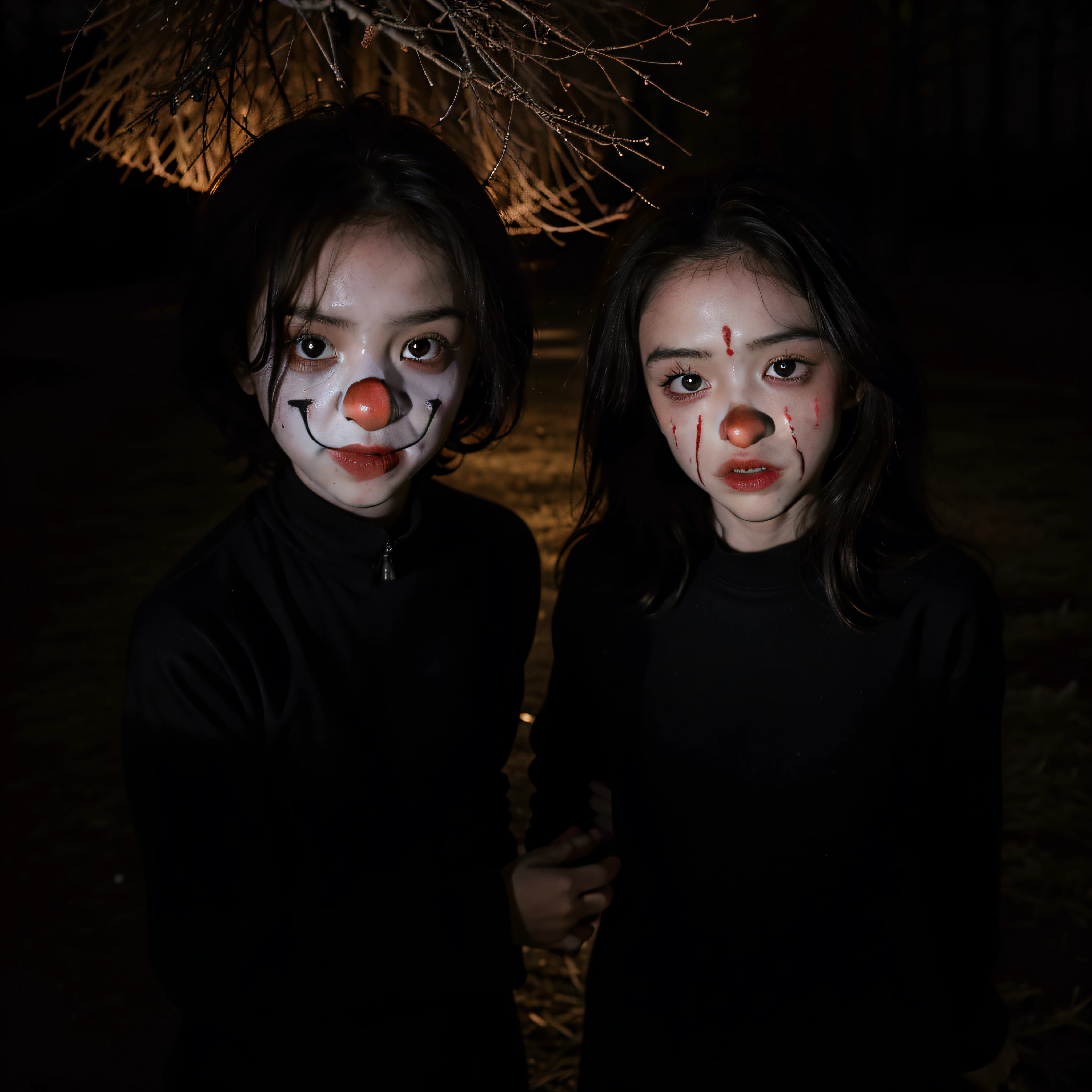(extremadamente detallado, obra maestra, La mejor calidad, foto antigua, principios de siglo) dark kids with horror clown masks, colmillos, una linterna directa lo ilumina, bosque de noche. plano cercano. sangre por el suelo.