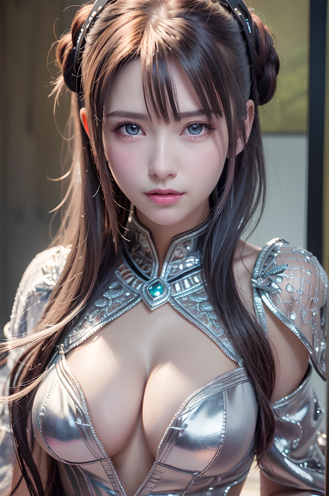 top-quality、8K Masterpiece、超A high resolution、(Photorealsitic:1.3)、Raw photo、1人、silver white hair、poneyTail、glowy skin、1 Super Beautiful Soldier、((super realistic details))、portlate、globalillumination、Shadow、octan render、8K、ultrasharp、beauty breast、Raw skin is exposed in cleavage、metals、cold color、、highly intricate detail、Realistic light、CGSoation Trends、Beautiful eyes、radiant eyes、Facing the camera、neon details、