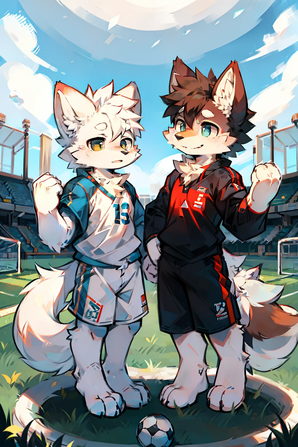 Two people,shaggy,soccer ball,White furry,arctic fox,soccer court