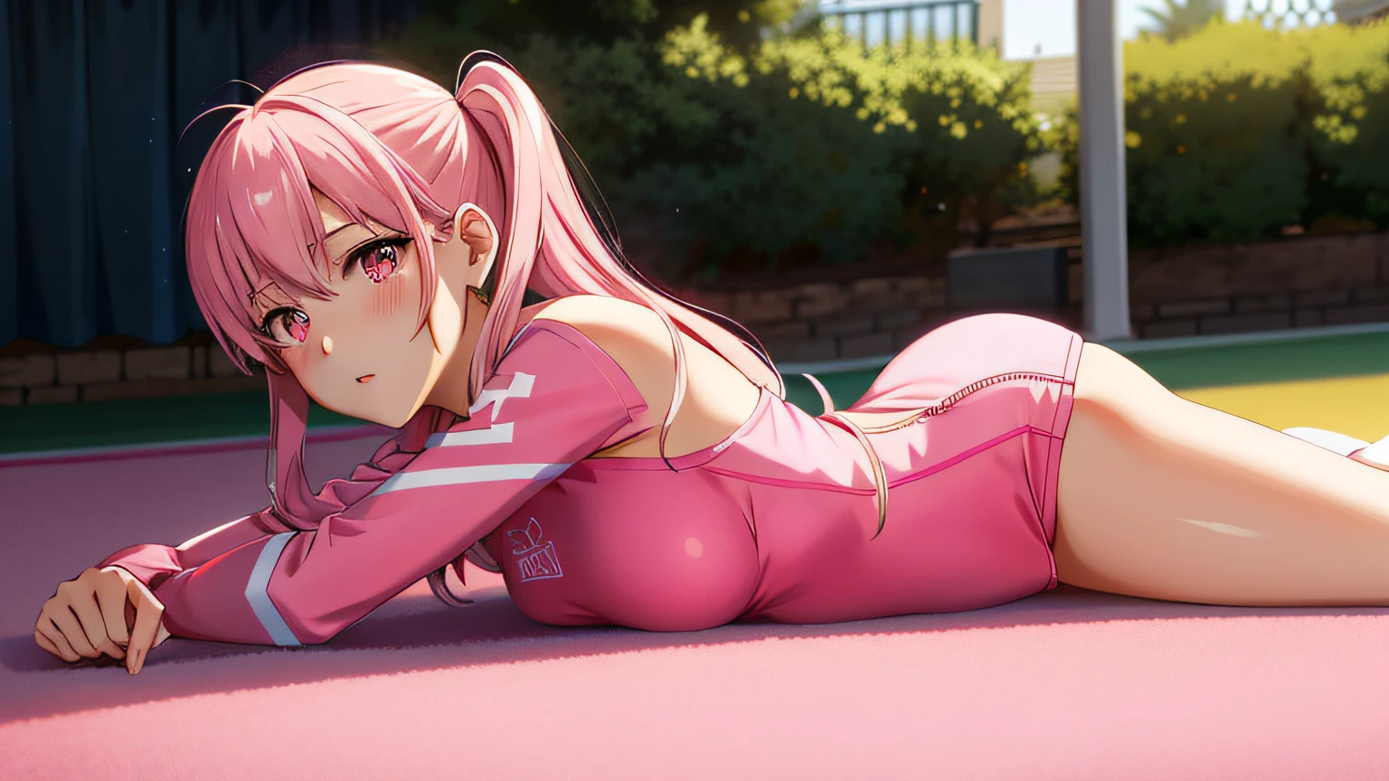 Anime – Style girl in pink leotard lying on tennis court, photorealistic anime girl render, Smooth Anime CG Art, Trending on CGSTATION, realistic anime, Realistic anime style, Pink body, pink twintail hair and cyan eyes, pink girl, Seductive Anime Girl, smooth pink skin, bubblegum body, photorealistic anime