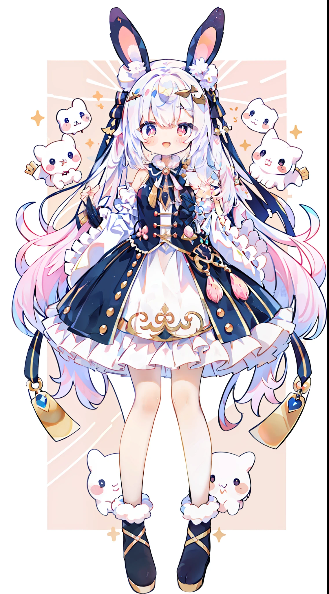 1 girl in、((Full body standing picture))、high-level image quality、top-quality、masutepiece、White hair、Longhaire、Pink eyes、Rabbit ears、One piece with frills、Fluffy sleeves、Sleeves that connect to the shoulders、A smile、Pose with outstretched hands、Lori、cute little