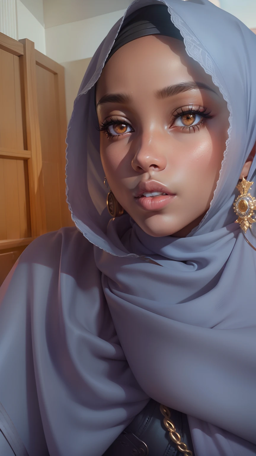 1girl, beautiful girl, brown skin, 8k, high quilty, realistic, beautiful realistic, Cool details, raw photo, realistic Hijab, black skin, realistic eyes, Light and cool lighting, photo realistic, Cel shaded, Gel lighting, ultra details