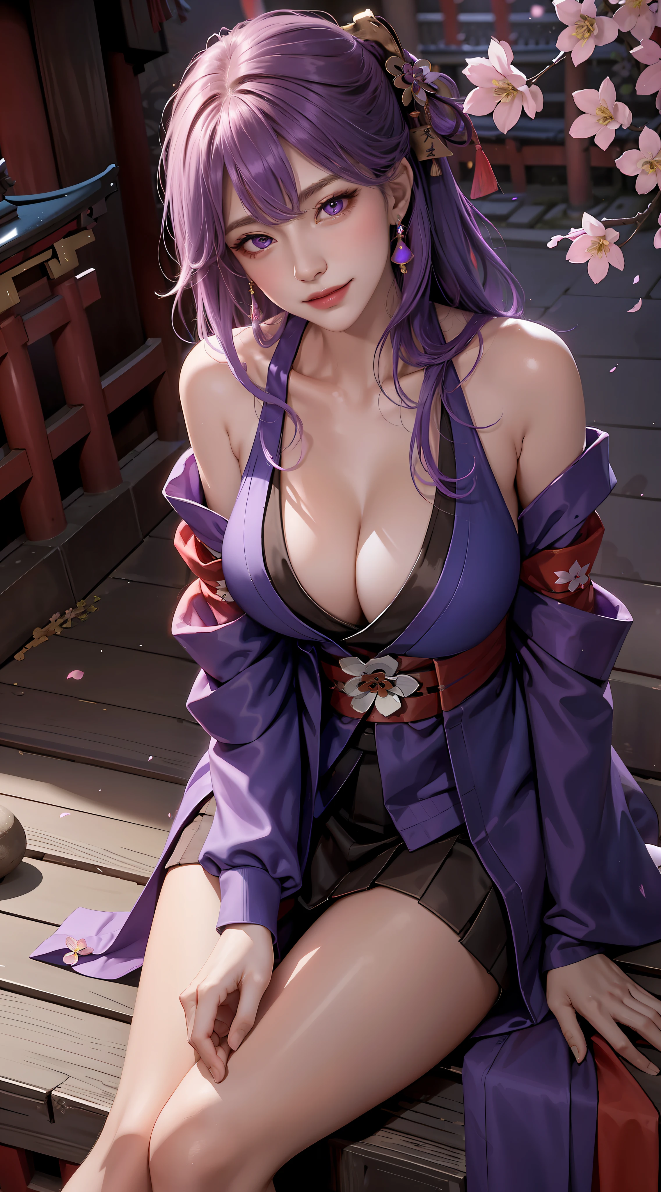(t masterpiece, Need,1girll, Solo, Intricate details, Looking up perspective, color difference), real photo,(facade), (shoulder cut), cleavage, Close-up, smile, Sexy enhancement,Yae Miko, Purple blue hair, purple blue accents, purple eyes, sharp look, perfectly symmetrical figure, neon shirt, revealing jacket, sweater, leaning against the wall, brick wall, scribbles, dim lights, alleyway, looking at the viewer.((evil streaks, cleavage is seductive, big breasts are enchanting)),(((cherry blossom background) )),((((Japanese temple background)))), (((Shine in- dark background)))