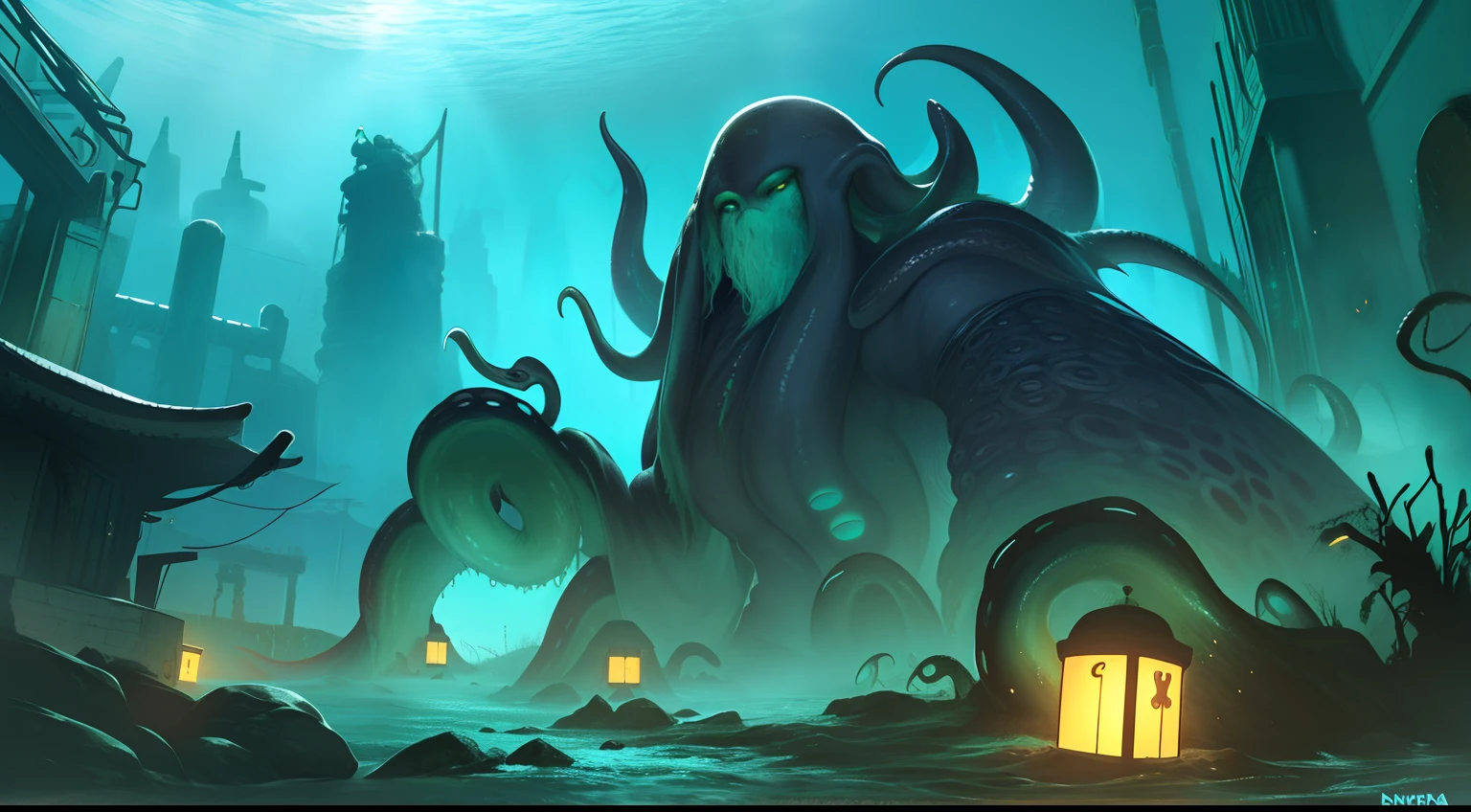 Cthulhu,Monster,(tentaculata:1.35)，A polluted underwater world，Gloomy picture，(Nuclear contamination:1.35)，（face:1.35）,（sarcoma：1.35）