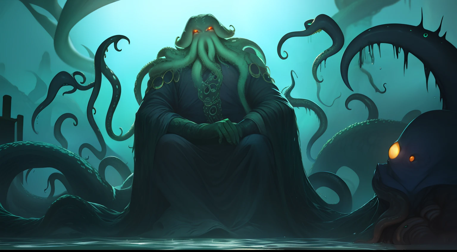 Cthulhu,Monster,(tentaculata:1.35)，A polluted underwater world，Gloomy picture，(Nuclear contamination:1.35)，（face:1.35）,（sarcoma：1.35）