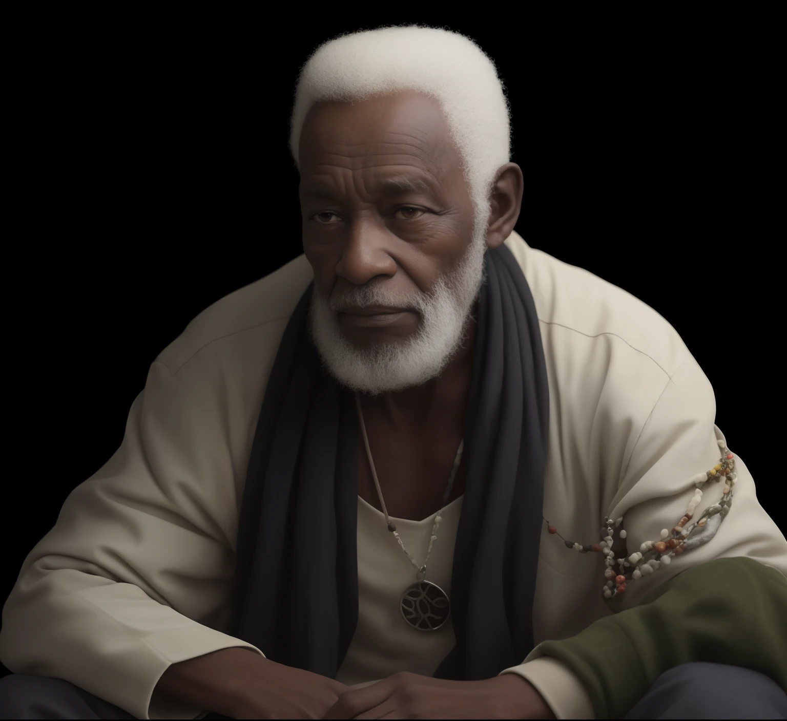 Crie uma imagem de um homem negro, Afro-descendant at the age of 80 with several colored seed necklaces around his neck