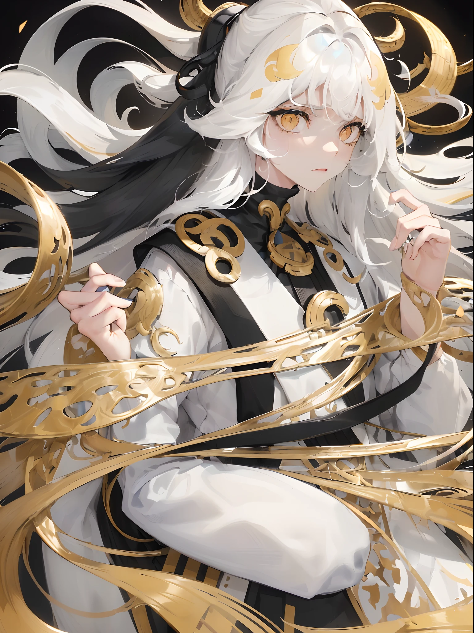 1woman, ((long wavy hair)), ((half of her hair is white and the other half of her hair is black split into two colors)), swept bangs, ((golden eyes)), frown, modern clothes