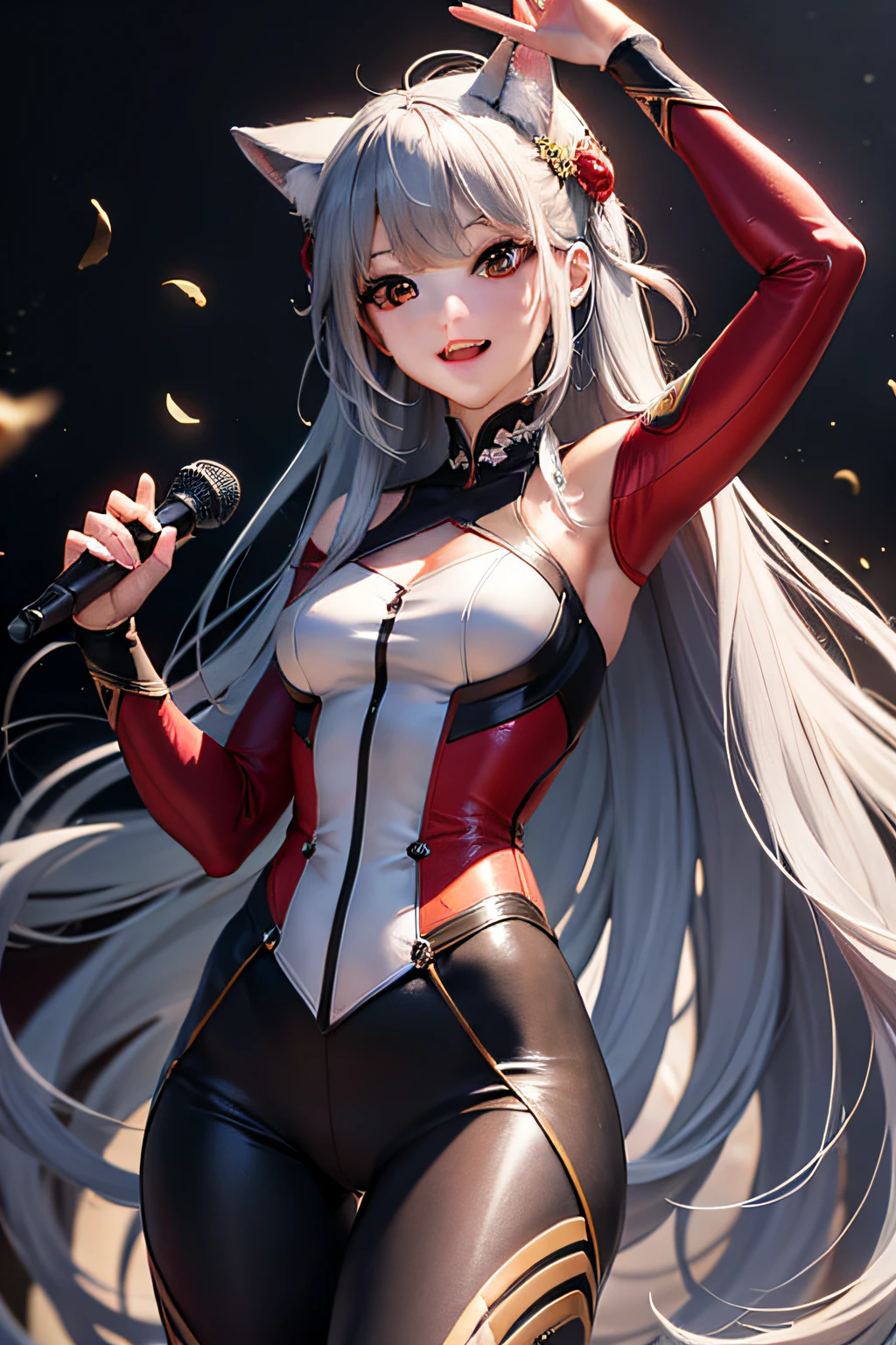 Looking at the camera、Singing、Bright upper body smile、femele、The long-haired、Dynamism、leggins、A dark-haired、Japanese anime、Asian、older woman、