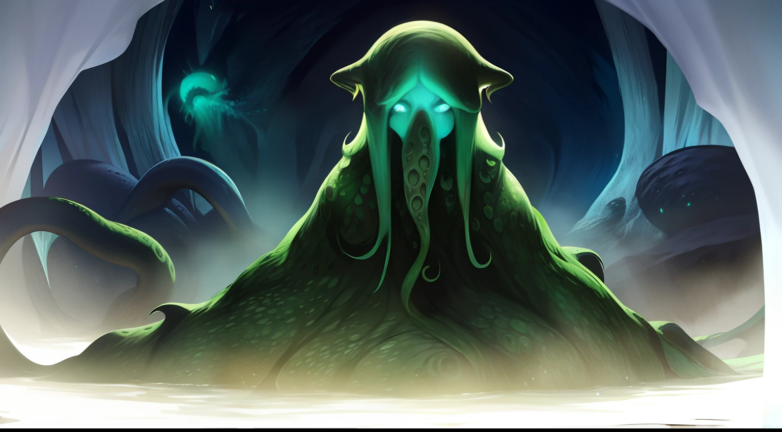 Cthulhu,Monster,(tentaculata:1.35)，A polluted underwater world，Gloomy picture，(Nuclear contamination:1.35)，（face:1.35）,（sarcoma：1.35）