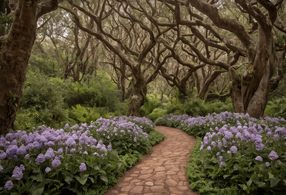 Foto RAW, Melhor, master part, melhor qualidade, alta qualidade, extremamente detalhado, There's an image, estilo disney, From a path through a flowery forest, A blossoming path to heaven, Uma fotografia de um jardim encantado exuberante, um exterior sonhador e borrado , Um belo caminho em uma floresta, leafy trees and colorful flowers, Jardim Secreto, fundo de profundidade de campo, ambiente floral, fundo do jardim, simple way romantic path, arches made of lush vegetation, caminho para uma floresta exuberante, fantasia de fundo da floresta, ::n_baixa qualidade, Imperfection, texto, assinatura, boneco, desenho, anime