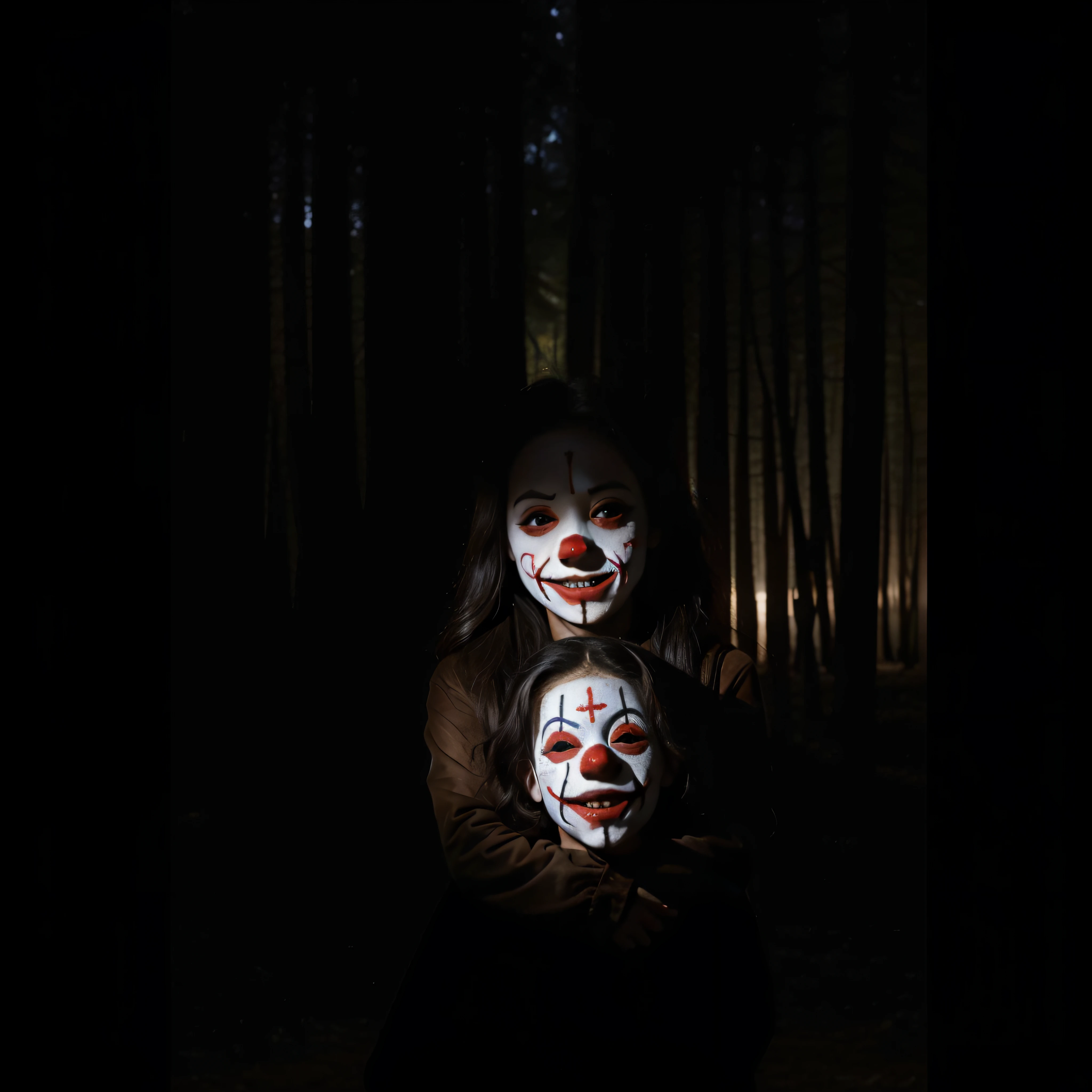 (extremadamente detallado, obra maestra, La mejor calidad, foto antigua, principios de siglo) dark kids with horror clown masks, colmillos, una linterna directa lo ilumina, bosque de noche. plano cercano. sangre por el suelo.