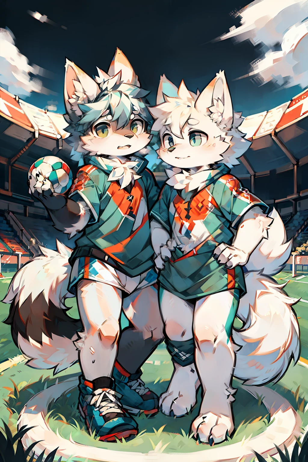 Two people，shaggy，soccer ball，White furry，arctic fox，soccer court，Fluffy tail
