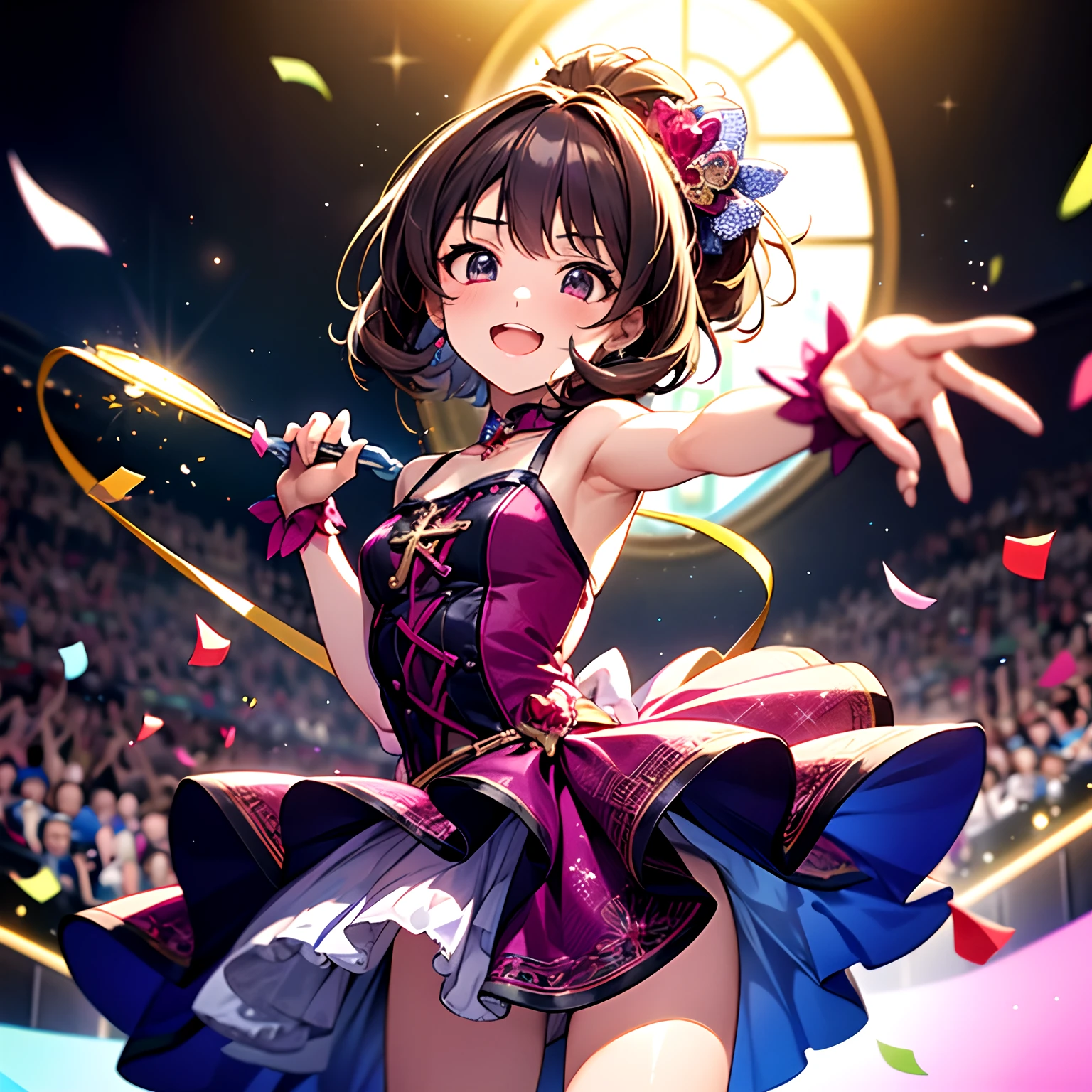 Idol girl in dress dancing on stage with confetti, a photo by Kamagurka, Pixiv Contest Winner, conceptual art, nightcore, splash art anime loli, sparkling magical girl, best anime 4k konachan wallpaper, anime moe art style, Detailed key anime art, official artwork, idolmaster, Cute, Cute in dress