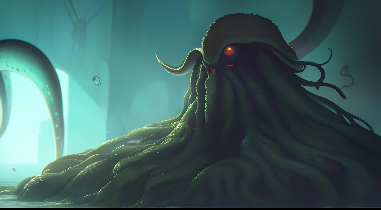 Cthulhu,Monster,(tentaculata:1.35)，A polluted underwater world，Gloomy picture，(Nuclear contamination:1.35)，（face:1.35）,（sarcoma：1.35）