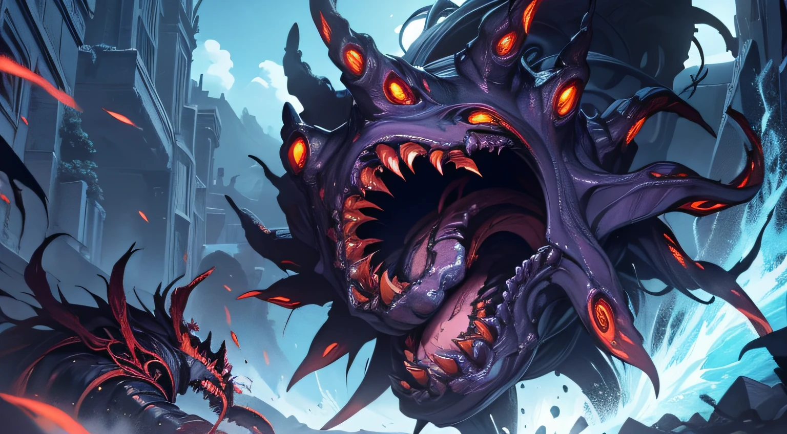 "A manga-style illustration of a tentacled eldritch horror creatures head getting cut off,  showcasing dynamic shading and an eye-catching panel layout."