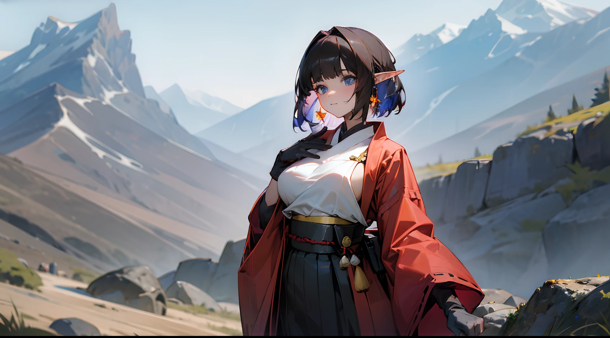 Eunectes, tits, Against the background of the mountain, Japanese outfit,