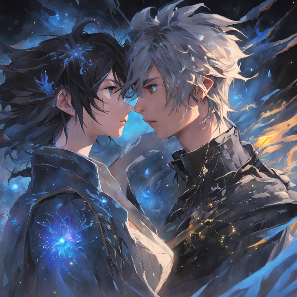 In the last act《Final Fantasy XV》Realistic portrait of Noctis Lucis Kellum and Lunaphrea Knox Fleuret from head to thigh, Tibor Najib(Tibor Nagy)Realistic illustrations , Deep blue sky magical epic vibration, Natural colors, Dynamic pose, cinematic Film still from, The universe and nebulae in the eyes, galaxias, Sky Space Background, Pedras preciosas, crystals, Flowing hair, Textured skin, Joe Courbert's style, Black and beige、Lavender color、Emerald and gold, Ted Nasmith, Germanic art, blink-and-you-miss-it detail, Wäinö Aaltonen, Imaginative character — Niji 5 — style, expressive details, textured gorgeous face, Detailed skin, Look at the lens with blue eyes, rendering by octane, hdr, cover, unzoom, Hyperdetailed painting, Luminism, Bar lighting, complex, 8k resolution concept art portrait,greg rutkovsky, Wes Anderson's style, Art germ, Phlegm sputum, phlegm, Alphonse Mucha, little fusion pojatti realistic goth, fractal isometrics details bioluminescens : a stunning realistic photograph