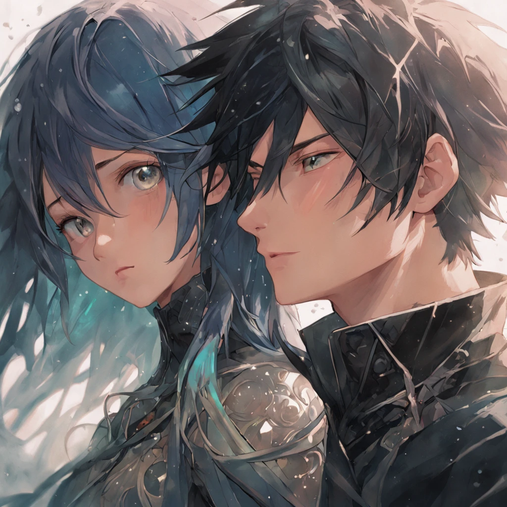 In the last act《Final Fantasy XV》Realistic portrait of Noctis Lucis Kellum and Lunaphrea Knox Fleuret from head to thigh, Tibor Najib(Tibor Nagy)Realistic illustrations , Deep blue sky magical epic vibration, Natural colors, Dynamic pose, cinematic Film still from, The universe and nebulae in the eyes, galaxias, Sky Space Background, Pedras preciosas, crystals, Flowing hair, Textured skin, Joe Courbert's style, Black and beige、Lavender color、Emerald and gold, Ted Nasmith, Germanic art, blink-and-you-miss-it detail, Wäinö Aaltonen, Imaginative character — Niji 5 — style, expressive details, textured gorgeous face, Detailed skin, Look at the lens with blue eyes, rendering by octane, hdr, cover, unzoom, Hyperdetailed painting, Luminism, Bar lighting, complex, 8k resolution concept art portrait,greg rutkovsky, Wes Anderson's style, Art germ, Phlegm sputum, phlegm, Alphonse Mucha, little fusion pojatti realistic goth, fractal isometrics details bioluminescens : a stunning realistic photograph