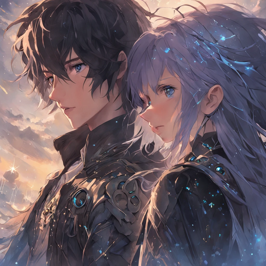 In the last act《Final Fantasy XV》Realistic portrait of Noctis Lucis Kellum and Lunaphrea Knox Fleuret from head to thigh, Tibor Najib(Tibor Nagy)Realistic illustrations , Deep blue sky magical epic vibration, Natural colors, Dynamic pose, cinematic Film still from, The universe and nebulae in the eyes, galaxias, Sky Space Background, Pedras preciosas, crystals, Flowing hair, Textured skin, Joe Courbert's style, Black and beige、Lavender color、Emerald and gold, Ted Nasmith, Germanic art, blink-and-you-miss-it detail, Wäinö Aaltonen, Imaginative character — Niji 5 — style, expressive details, textured gorgeous face, Detailed skin, Look at the lens with blue eyes, rendering by octane, hdr, cover, unzoom, Hyperdetailed painting, Luminism, Bar lighting, complex, 8k resolution concept art portrait,greg rutkovsky, Wes Anderson's style, Art germ, Phlegm sputum, phlegm, Alphonse Mucha, little fusion pojatti realistic goth, fractal isometrics details bioluminescens : a stunning realistic photograph