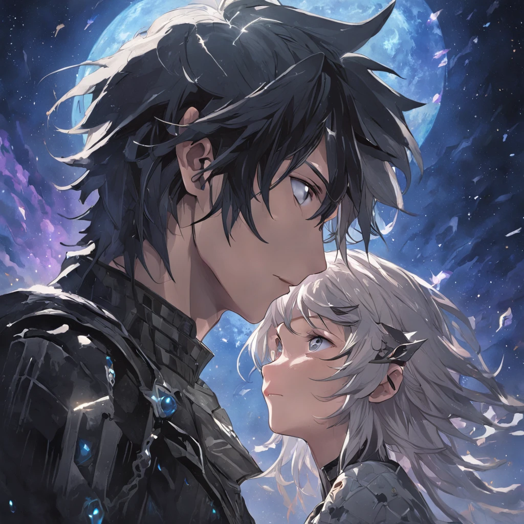 In the last act《Final Fantasy XV》Realistic portrait of Noctis Lucis Kellum and Lunaphrea Knox Fleuret from head to thigh, Tibor Najib（Tibor Nagy）Realistic illustrations , Deep blue sky magical epic vibration, Natural colors, Dynamic pose, cinematic Film still from, The universe and nebulae in the eyes, galaxias, Sky Space Background, Pedras preciosas, crystals, Flowing hair, Textured skin, Joe Courbert's style, Black and beige、Lavender color、Emerald and gold, Ted Nasmith, Germanic art, blink-and-you-miss-it detail, Wäinö Aaltonen, Imaginative character — Niji 5 — style, expressive details, textured gorgeous face, Detailed skin, Look at the lens with blue eyes, rendering by octane, hdr, cover, unzoom, Hyperdetailed painting, Luminism, Bar lighting, complex, 8k resolution concept art portrait，greg rutkovsky, Wes Anderson's style, Art germ, Phlegm sputum, phlegm, Alphonse Mucha, little fusion pojatti realistic goth, fractal isometrics details bioluminescens : a stunning realistic photograph