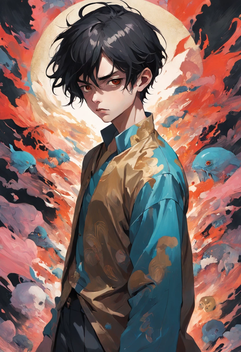 young man with dark hair and bright golden eyes, There is ugliness in beauty, But there is also beauty in ugliness, In the style of Adrian Ghenie, Esao Adrews, Jenny Saville, Edward Hopper, surrealism, Dark Art par James Jean, Takato Yamato, Minimalism inkpunk