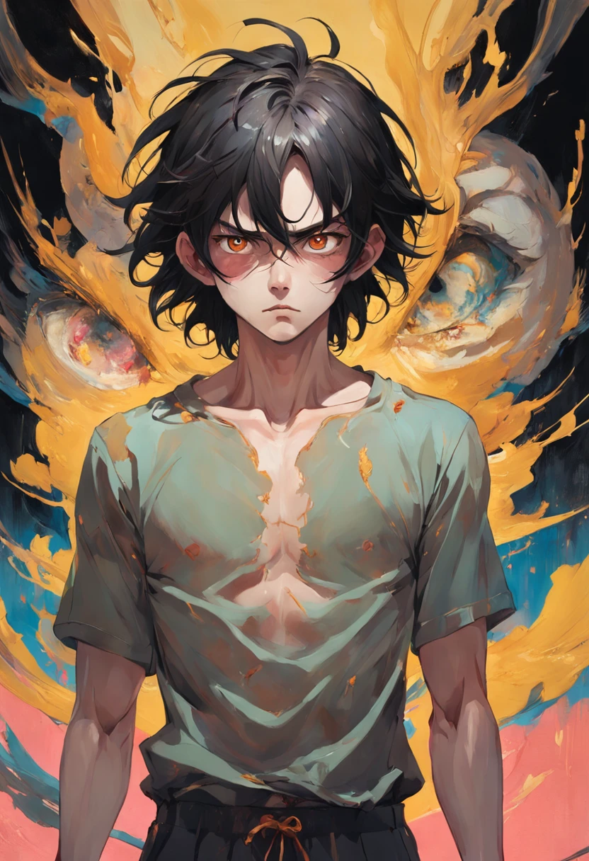 young man with dark hair and bright golden eyes, There is ugliness in beauty, But there is also beauty in ugliness, In the style of Adrian Ghenie, Esao Adrews, Jenny Saville, Edward Hopper, surrealism, Dark Art par James Jean, Takato Yamato, Minimalism inkpunk