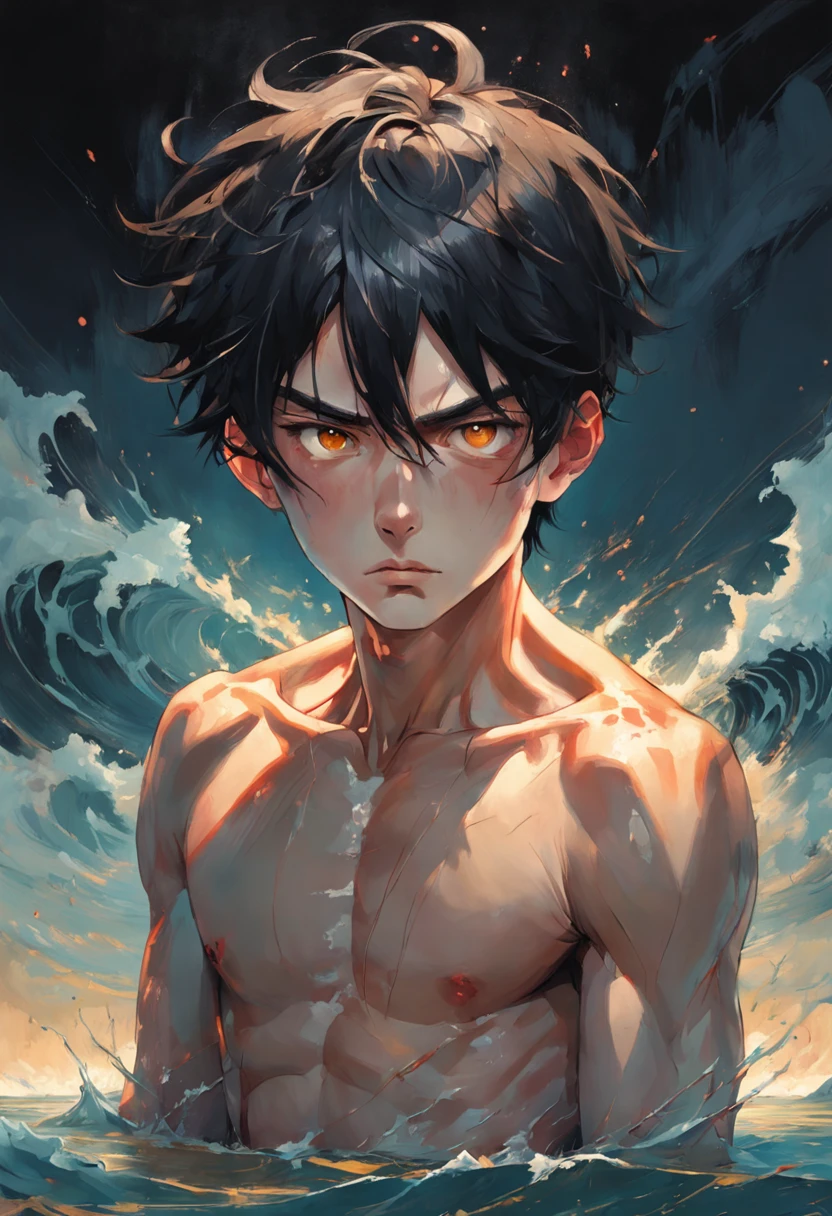 young man with dark hair and bright golden eyes, There is ugliness in beauty, But there is also beauty in ugliness, In the style of Adrian Ghenie, Esao Adrews, Jenny Saville, Edward Hopper, surrealism, Dark Art par James Jean, Takato Yamato, Minimalism inkpunk