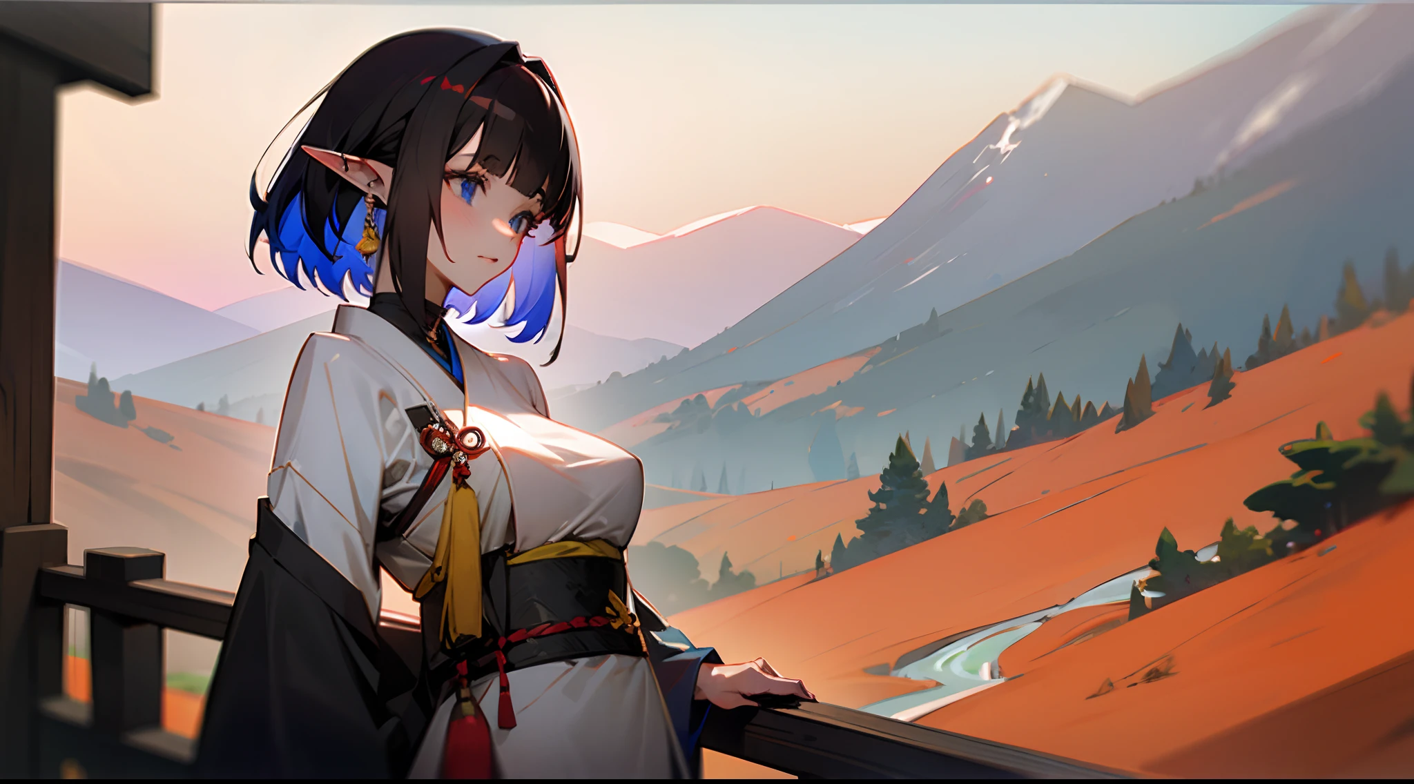Eunectes, tits, Against the background of the mountain, Japanese outfit,